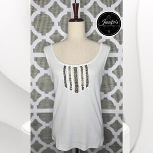 Chico's White Ribbed Fringe Beaded and Sequin Detail Tank Top Size 2=L/12